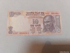International Banknotes: Billete India, 10 rupias, año 1996, nº bajisimo 00006, UNC